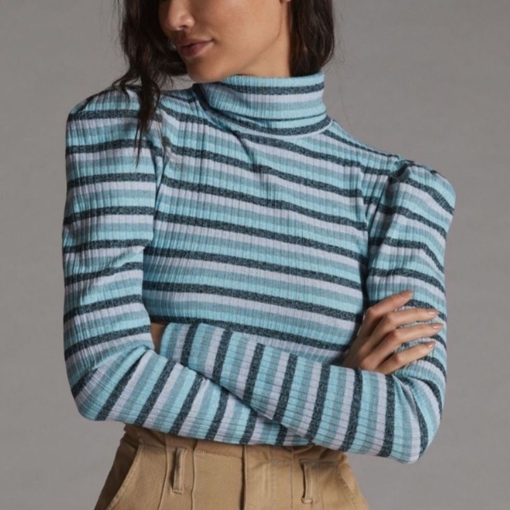 Anthropologie Maeve Striped Puff Sleeve Turtleneck Sweater Small Blue